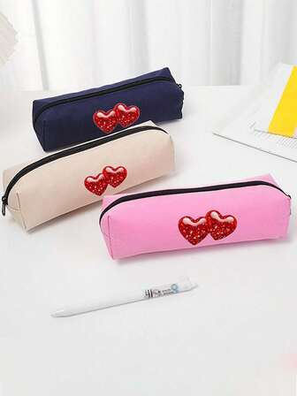 Estuche de lápices simple con doble corazón rosa, estuche de lápices portátil - adecuado para oficina, escuela, jóvenes, niñas, niños, hombres y mujeres! Estuche de bolígrafos de gran capacidad, artículos esenciales para volver a la escuela, suministros de oficina, regalos del Día de San Valentín