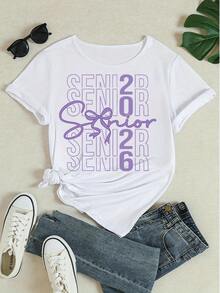 2026 Senior Graphic Print T Shirt Women Graduation Short Sleeve Crew Neck Casual Loose Fit White Tee Top For High School College Graduation Season Outfit - White - View 4