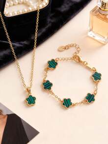 2pcs Set: 1pc Necklace + 1pc Bracelet, Fashionable Minimalist Gold-Tone Star Flower Oval Pendant, Suitable As Girlfriend, Wedding, Graduation, Date Gift - Little Plum Blossom - View 3