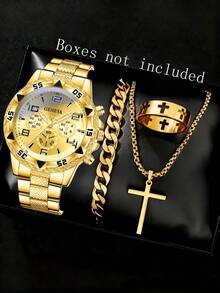 男士4件套金色合金表带套装 - 时尚商务经典三眼数字刻度石英表，含手链、戒指、项链，适合日常穿搭或节日礼物 - 金色 - 查看 7