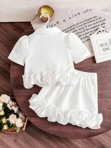 Set de 2 piezas: Blusa corta blanca de verano con mangas abullonadas de perlas + Minifalda de satén con volantes en el bajo, estilo callejero dulce para niña - Blanco - Ver 2