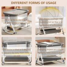 Lcchabls 5 In 1 Baby Bassinet & Bedside Sleeper With Rocking Mode, Portable Bassinet With Wheels, Foldable Bedside Crib With 6 Adjustable Height, Breathable Mesh, Soft Mattress, Storage Basket & Removable Mosquito Net - 灰色 - 查看 5