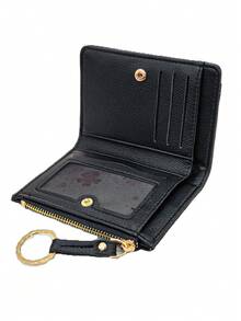 New Women Wallet & Key Chain, Asymmetrical Design Ultra-Thin Portable Bifold Zipper Coin Purse - Black - View 2