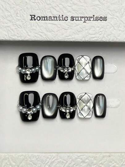 10片手工方形亚克力美甲贴片，短款/中款可选，柔和黑色，闪亮猫眼，镶嵌钻石格纹图案，美甲宝石小水钻珍珠镶嵌，简约优雅奢华手工美甲，秋季美甲，秋季贴片美甲，可爱美学，百搭美甲DIY假指甲，适合派对、日常、约会、海滩、热带度假等场合，可重复使用，送给女性和女孩的美甲用品