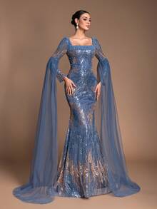 Luxury Pearl Embroidered Sequin Patchwork Square Neck Evening Gown - Mermaid Style Formal Long Dress With Long Shawl Sleeves And Train, Elegant For Formal Ball, Wedding Guest, Celebration Party #Sparkling Charm# Evening Glamour Spring - Dusty Blue - View 4
