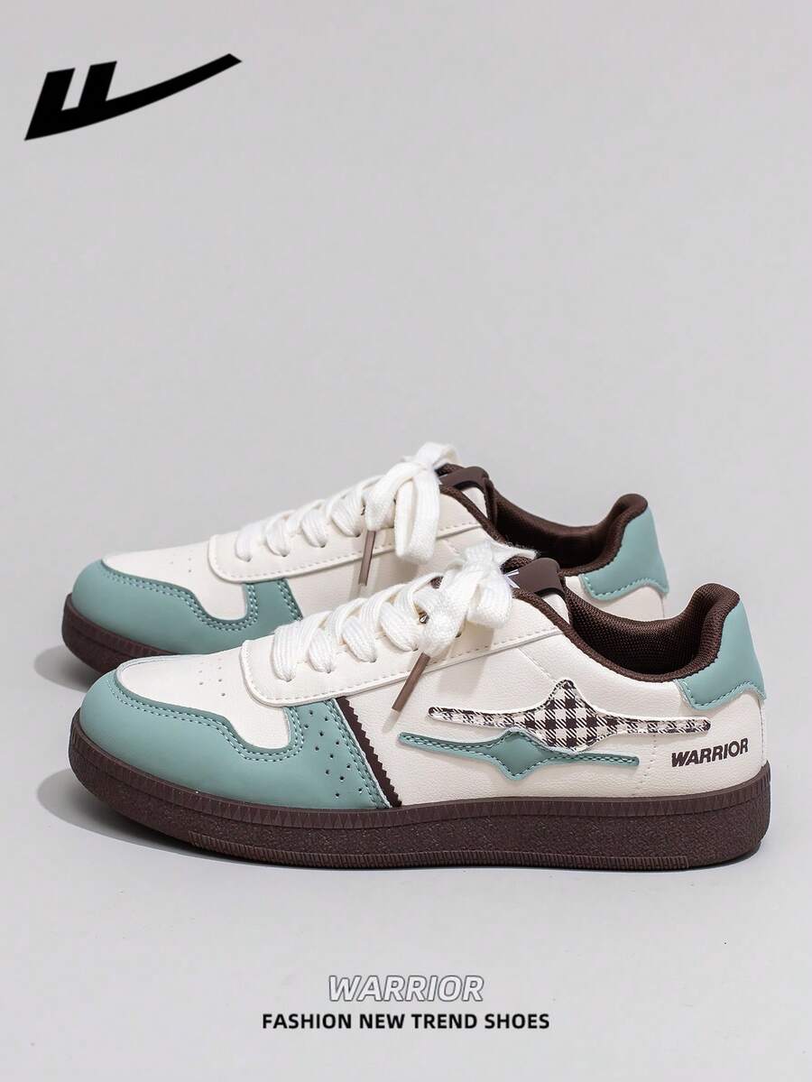 1双 WARRIOR 女士厚底系带软底休闲鞋，低帮户外平底鞋，圆头低跟防滑纯色优雅软底徒步鞋，适合学生、毕业照、平底鞋、低帮皮质运动滑板鞋 - 米/綠 - 查看 1