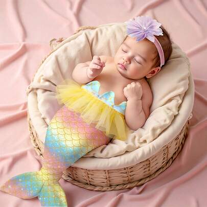Newborn Mermaid Photography Outfit, Baby 100 Days Photo Prop, Cute Infant Mermaid Tail
