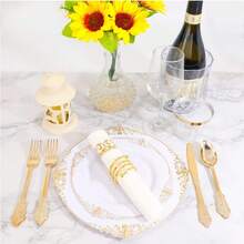 50/25/12pcs Gold Plastic Dinnerware Set, 10.25" Dinner Plates/7.5" Dessert Plates, White Base With Gold Embossed Dragon Pattern Plates, Reusable Party Plates, Fruit/Cake Trays, Chargers, Space-Saving Stackable, Ideal For Weddings, Parties, Birthday Gatherings, Outdoor Garden Parties, Christmas, Thanksgiving Dinners - Gold - View 2