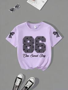 Ținută de vară pentru fete, 2 buc., tricou cu mânecă scurtă și pantaloni scurți, stil minimalist casual, potrivită pentru școală, sport, activități în aer liber, ținută pentru studenți - Liliac violet - Vizualizare 6