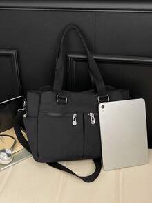 1pc Black Casual Minimalist Multi-Zipper Pocket Adjustable Shoulder Tote Bag, Large Capacity Foldable Shoulder Bag Suitable For Women's Work, Daily Life, Commuting, Social Gatherings, Outdoor Shopping, Travel, Can Be Used As Diaper Bag, Student Tutoring Bag, Mother's Day Gift, Fashion Item - Black - View 5
