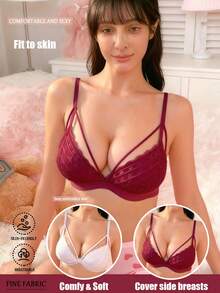 2pcs Casual & Comfortable Minimalist Racerback Bras, Seamless Sexy Deep V Knit Women's Underwear, French Lace Wireless Casual Versatile Non-Sagging Bralette - Multicolor - View 2