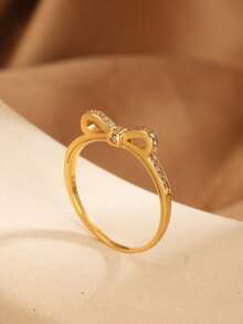 1pc S925 Sterling Silver Bowknot Cubic Zirconia Plated Gold Ring, Fashion Minimalist Jewelry Gift For Women, Mothers, Girlfriends, Friends, Versatile Daily Wear - Gold - View 8
