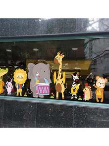 1pc Jungle Animal Band Static Window Sticker, Double-Sided Visible Glass Sticker, Lion, Elephant, And Giraffe Static Window Sticker, Animal Sticker, Window Decoration, Furniture And Window Decor Sticker, Holiday Decoration, Gift, Restaurant Decoration Static Window Sticker, Removable, Suitable For Living Room And Bedroom Glass Doors And Windows - Easy To Apply, PVC Material - Multicolor - View 1