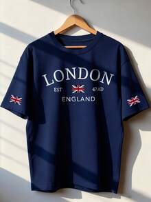 1pc Girls Casual Letter Print Round Neck Short Sleeve T-Shirt, Summer Student Youth Apparel - The T-Shirt With English Letter Print Brings Joy And Happiness To Every Child! LONDON - Navy Blue - View 2
