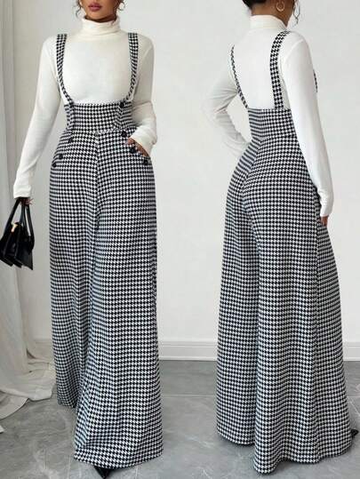 Combinaison longue droite à imprimé pied-de-poule classique pour femmes, avec poches, en tissu non extensible, combinaison mode noir et blanc (le Top n'est pas inclus)