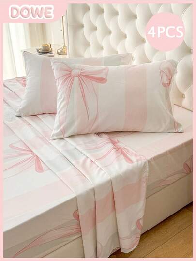 4pcs Heart & Bow Print Bedding Set - Lightweight Breathable Pink Striped Bed Sheet Set (2 Pillowcases + 1 Bed Sheet + 1 Bed Skirt), Romantic Love Theme Soft Bedding, Luxury Hotel Bed Sheets For Twin/Full/Queen/King Size Bed, Elegant Room Decor, Ideal Gift, Essential For Home & Dorm