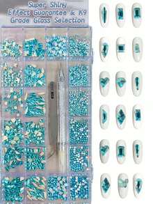 KIRAME 21 Grids DIY Manicure K9 Glass Lake Blue Flat Bottom Rhinestone Set - 30pcs High Gloss Rhinestones Per Style, Includes 1 Dotting Pen And 1 Tweezer, Nail Art Gems, Nail Salon, Home Manicure, Nail Art Supplies, Christmas, New Year, Valentine's Day Nail Art, Holiday Gift, Suitable For Crafts, Clothing, Textiles, Shoes, Glassware, Jewelry Making - Multi-Size Shiny Decorations Nails - 湖藍色 - 查看 4