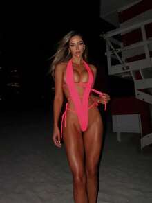 Women's Halter Neck Monokini Swimsuits Fashionable Sleeveless Floral/Solid/Dot Out Bathing Suit Suitable For Beach Vacations, Pool Parties, Or Summer Music Festivals - 粉色 - 查看 4