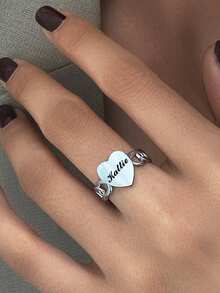 Personalized Ring, Customized Letter Heart-Shaped Ring, Fashionable Flower Hollowed Out English Letter Opening Ring, Women's Versatile Ring, Unique Customized Gift