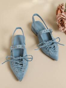 Women's New Pointed Toe Lace-Up Low Heel Casual/Work Shoes - Blue - View 6