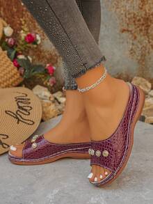 Giày sandal thời trang cỡ lớn dành cho nữ size 35-45, họa tiết da cá sấu màu đỏ tía, kiểu dáng thường ngày, hở mũi, đế xuồng, đế dày, thích hợp cho mùa hè. - Họa tiết cá sấu màu đỏ rượu vang - Xem 5