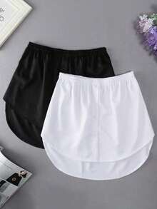 1pc Women's Minimalist Korean Style Hem Skirt, Extendable Undershirt T-Shirt Dress With White Trim - White - View 2