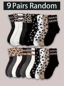 3/6/9 Pairs Leopard Print Mid-Calf Socks, Fashionable Women Socks For Autumn/Winter, Hand Wash & Machine Wash Christmas Gift - Multicolor - View 7