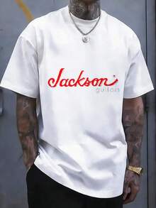 Jackson Guitars Men's Black T-Shirt With Red Logo & Geometric Applique Design - Casual Short Sleeve Round Neck Tee, Regular Fit For Music Enthusiasts, Sizes S-5XL - 白色 - 查看 2