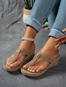 Women's Thick Sole Wedge Flip Flops, Casual Solid Color Soft Bottom Comfortable Outdoor Summer Beach Slippers In Black, Beige, Brown - Brown - View 4