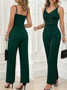 Bộ jumpsuit dệt kim màu xanh đậm thanh lịch với dây đeo mảnh, cổ ve áo và chi tiết cúc cài dành cho nữ mùa hè. - Màu xanh lá cây đậm - Xem 1
