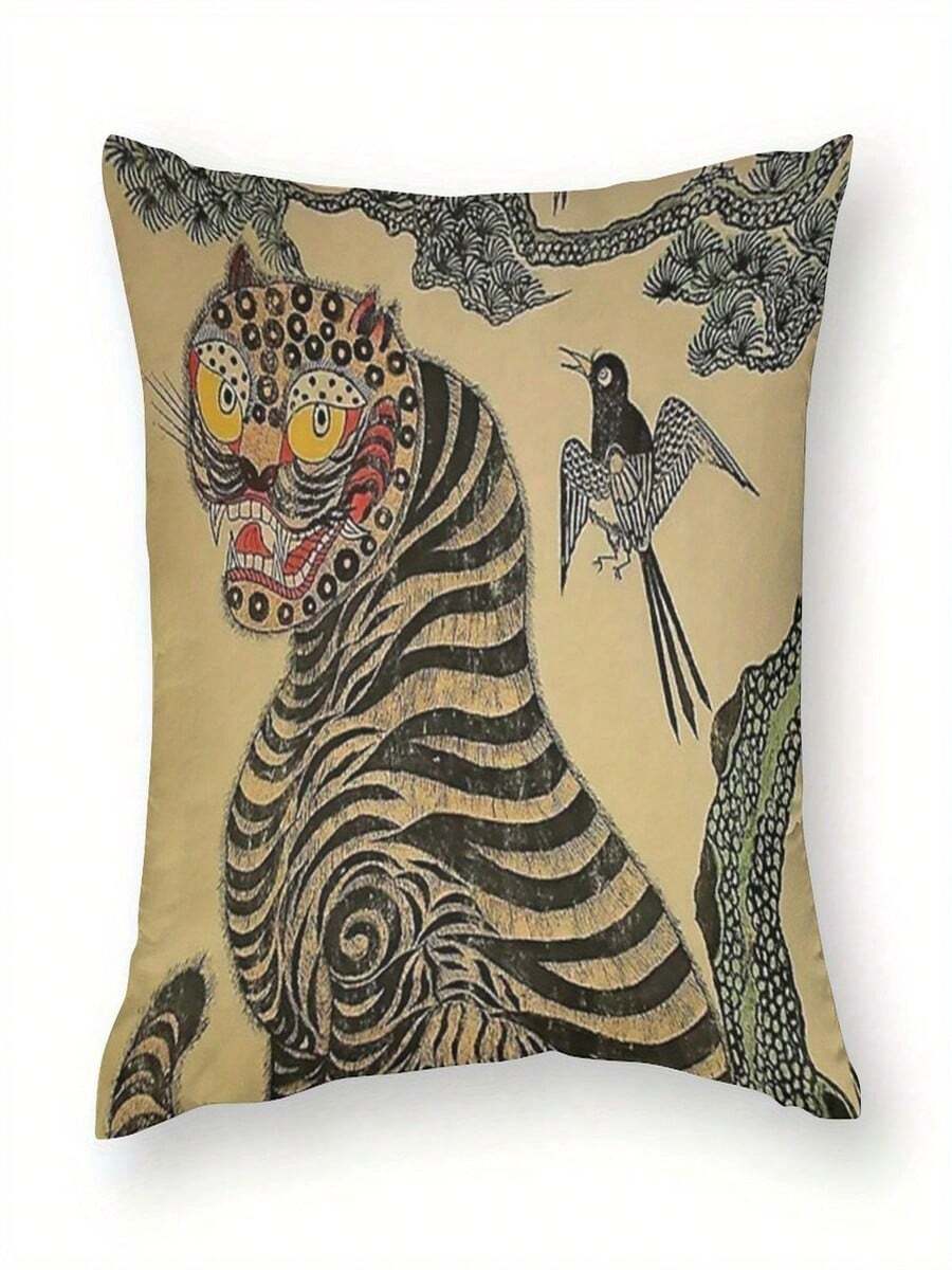 One Striped Retro Folk-Style Tiger And Magpie Sofa Cushion Cover, Suitable For Outdoor And Home Use, Made Of Polyester (Double-Sided Print, Pillow Insert Not Included), For Bedroom And Living Room Decoration. - trắng - Xem 1