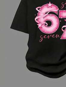 少女数字印花短袖T恤和修身喇叭裤 - 黑色 - 查看 4