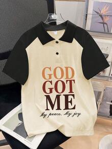 Set de 2 piezas: Camisa polo con estampado de letras + Pantalones, conjunto informal de verano para niños - Multicolor - Ver 4