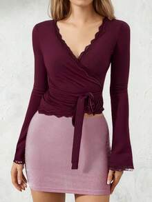 Cross Wrap Tie Top For Women Y2k Fairy Lace Trim Long Sleeve V-Neck T Shirts Ruched Shirts Slim Fit Crop Top Tie Ballet Yoga Workout Tees Coquette Blouse Summer Going Out Tops - 酒紅色 - 查看 3