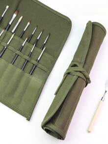 1pc Large Capacity Canvas Painting Brush Bag, Rollup Watercolor Pencil Case, Minimalist Solid Color Foldable Pencil Pouch, Multi-Functional Makeup Brush & Nail Brush Storage Bag - Multicolor - View 2