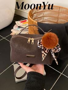 Women's Square Handbag, Fashion Minimalist Elegant Shoulder/Crossbody Bag With Pom Pom Scarf Charm, Suitable For Shopping, Commuting, Dating - Coffee - View 2