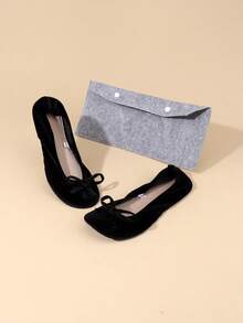 轻便如赤足般的芭蕾舞鞋，超便携超薄舞蹈鞋，黑色天鹅绒可折叠套脚舞蹈鞋，女士休闲家居拖鞋 - 黑色 - 查看 6