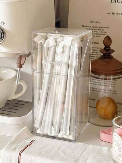 1 pieza Caja de almacenamiento de pajitas a prueba de polvo de acrílico, caja organizadora de cápsulas de café y bolsas de té con tapa, color aleatorio