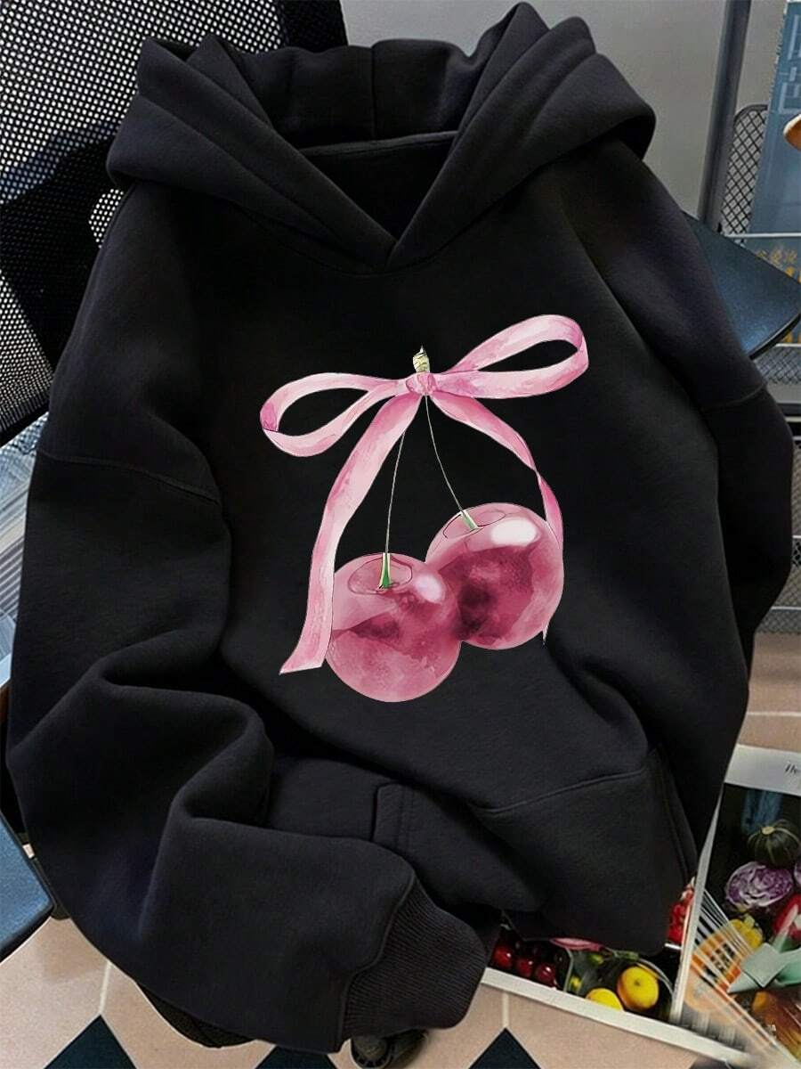 Sudadera unisex con estampado de lazos de cereza, color liso, manga larga, capucha y cordón ajustable. Sudadera cómoda y cálida. - Negro - Ver 1