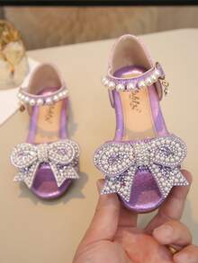 1 Pair Children's Sandals With Rhinestone, Pearl, Bow Decor, Gilly PU Patchwork Round Toe, Flat, Suitable For Daily Wear, Dance, Outdoor, Festivals, Parties, Glitter Princess Shoes, Fit For Spring, Summer, Autumn - Purple - View 1