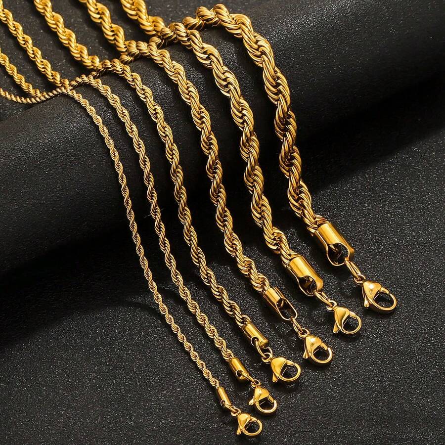 Stainless Steel Fried Dough Twist Chain Gold Necklace, Hip Hop Style Choker Necklace, Men's Necklace - Gold - View 1