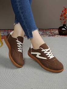 Women's Outdoor Casual Sports Shoes, Metal Buckle Decor, Faux Leather, Lace-Up, Comfortable & Fashionable, New For Autumn 2025 - Brown - View 3