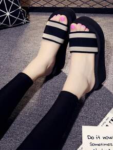 Women's New Wedge Thick Bottom Sandals, Striped Fashion High Heel Flip Flops, Casual Versatile Outdoor Wear Increased Height One-Strap Slippers For Spring, Summer, Autumn, Beach, Resort, Pair With Dresses, Black, Brown, Khaki Open Toe, Breathable Soft Comfortable Non-Slip Anti-Odor Indoor Shower Slippers, Flat Sandals - Khaki - View 6