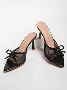 网面厚跟法式蝴蝶结单带凉鞋，新款仙女风露趾拖鞋，适合搭配连衣裙 - 黑色 - 查看 6