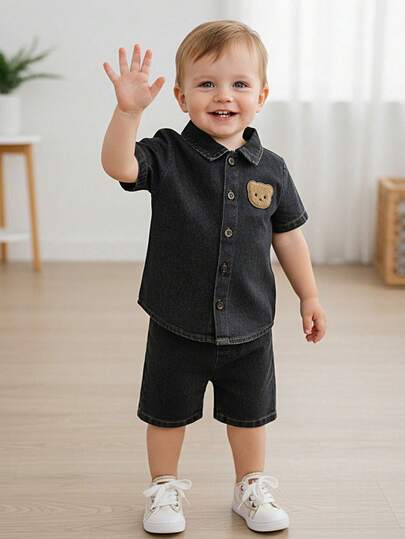 夏季新款男童牛仔短袖衬衫配牛仔短裤套装
