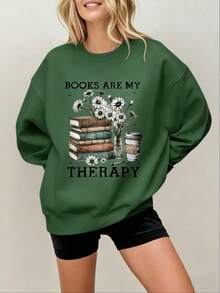 Women's Gothic Book & Rose Print Sweatshirt - Soft Beige-Friendly Breathable Pullover With "I Like Them How They Are" Book Lover Design, Long Sleeve Round Neck Casual Sweater For Book Clubs & Casual Attire, Machine Washable All-Season Comfort (Purple & Black) - Stylish Alphabet Letter Printed Top With Book-Themed Graphic, Relaxed Fit For All Seasons, Perfect For Casual Outings & Reading, Halloween, Fall Clothes For Women, Halloween Sweater, Halloween Sweaters For Women,-Unisex Vintage Cotton Tee Black White - Loose Fit For American Music Festival Camping & Shows Comfortable Crew Neck Sweatshirt For Everyday Wear-New Autumn/Winter Collection: Unisex Relaxed Fit Long-Sleeve Crew Neck Sweatshirt - 綠色 - 查看 1