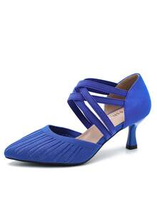 MAIERNISI JESSI Women's Low Kitten Heels Knit Pumps Elastic Crisscross Ankle Strap Slip On Dress Shoes - Royal Blue - View 13