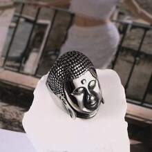 A Non-Fading Men's Ring Punk Hip-Hop Fashion High-End Chinese Style Men's Stainless Steel Ring Shakyamuni Buddha Head Ring Tathagata Buddha Face Ring SA815 - 銀色 - 查看 5