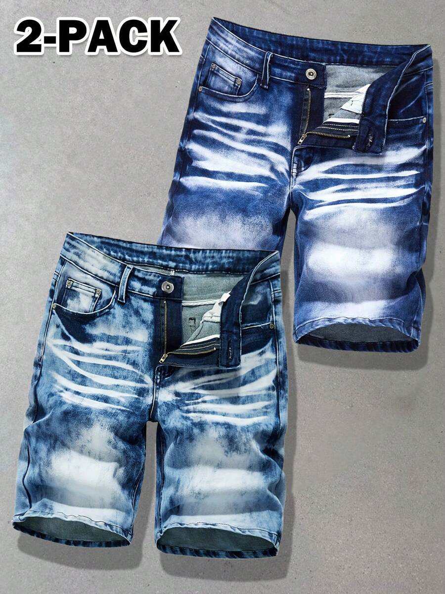 2-Pack Men's Summer Versatile Street Style Stretch Casual Denim Shorts - Light Blue + Dark Blue - View 1