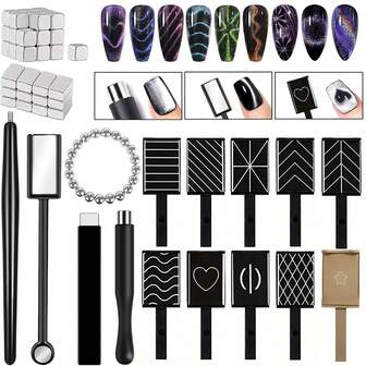 73件套法式猫眼美甲工具套装 - 美甲师用品，可重复使用的猫眼造型美甲配件，适用于凝胶美甲或家庭美甲沙龙的猫眼美甲造型工具套装